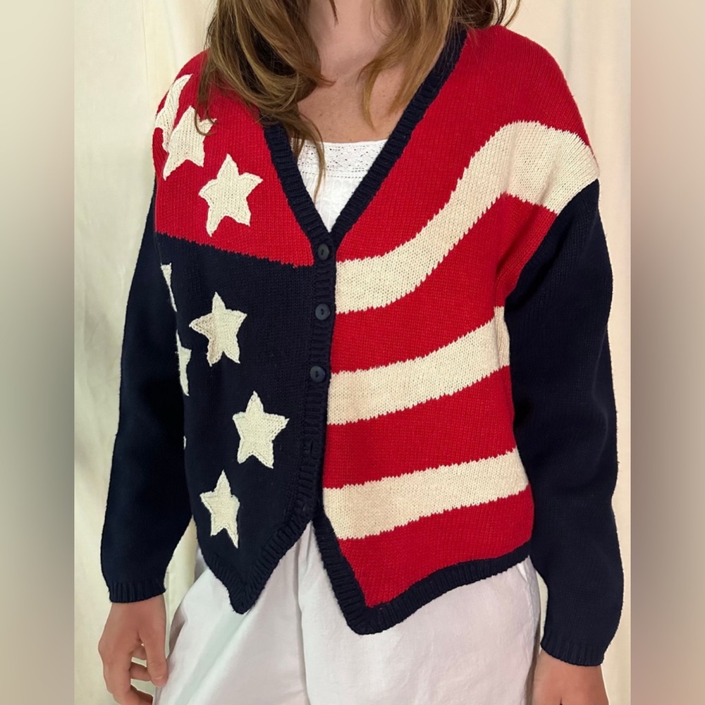 Free People Stars & Stripes Cardigan Sweater – Size Small, Patriotic Flag Knit